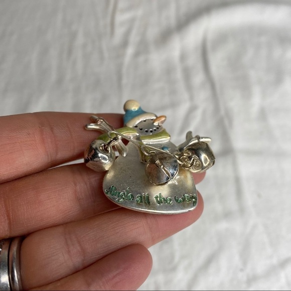 Jingle All The Way Enamel and Silver Metal Snowman Brooch With Bells Marked TC - Picture 4 of 9